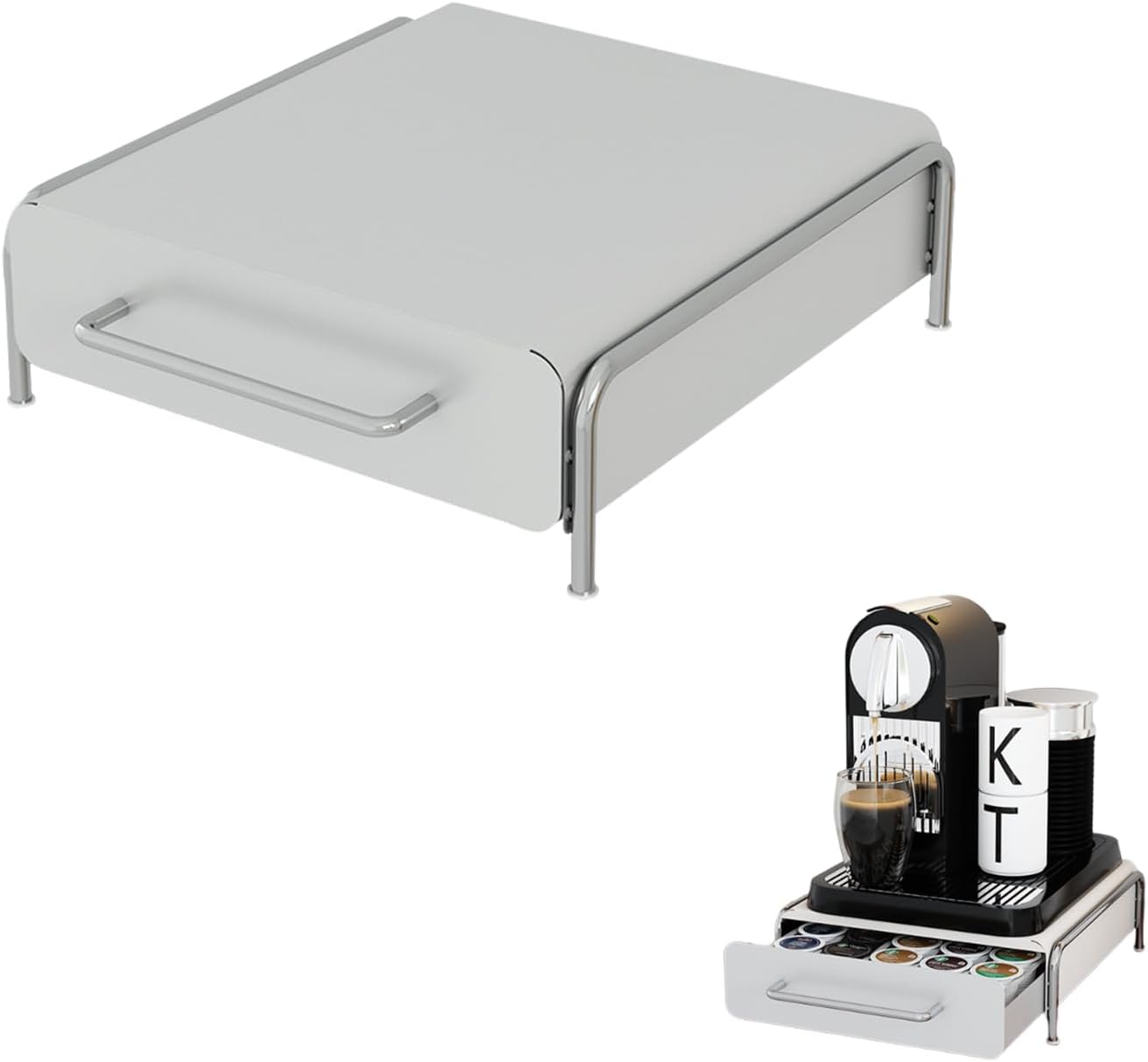 Pod Holder Drawer Capsule Organizer, Pull Out Coffee Pods Storage, Slide Out Drawers Holder for Capsules, Under Brewer Storage Sliding Drawer, Home Kitchen Counter Organization (White, L)