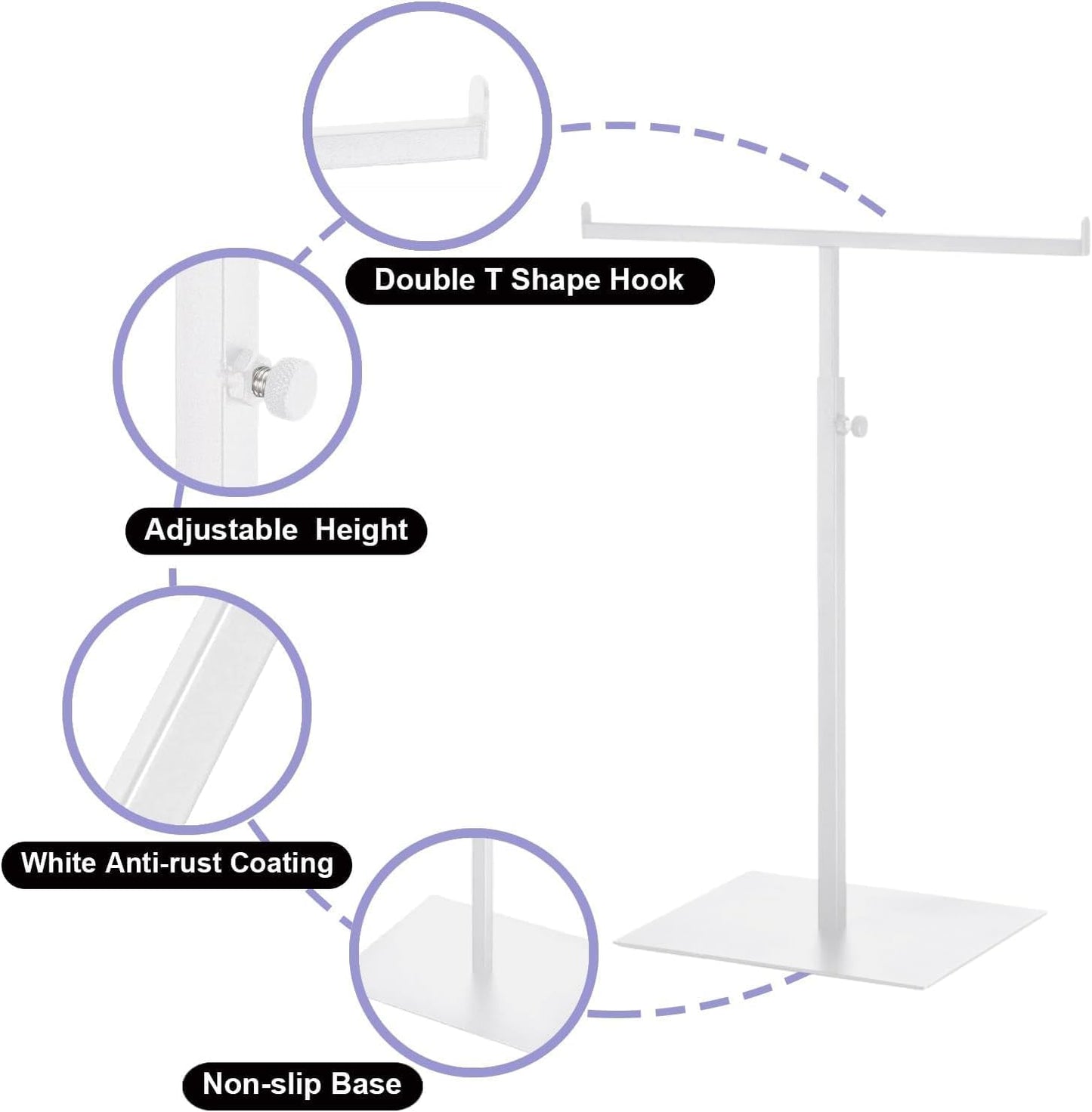 Purse Display Stand T Shaped, Countertop Jewelry/Scarf/Handbag T-Bar Display Stand, Tabletop Double Hook Hanging Stands for Long Necklaces, Metal with Adjustable Height (White, 2Pcs)