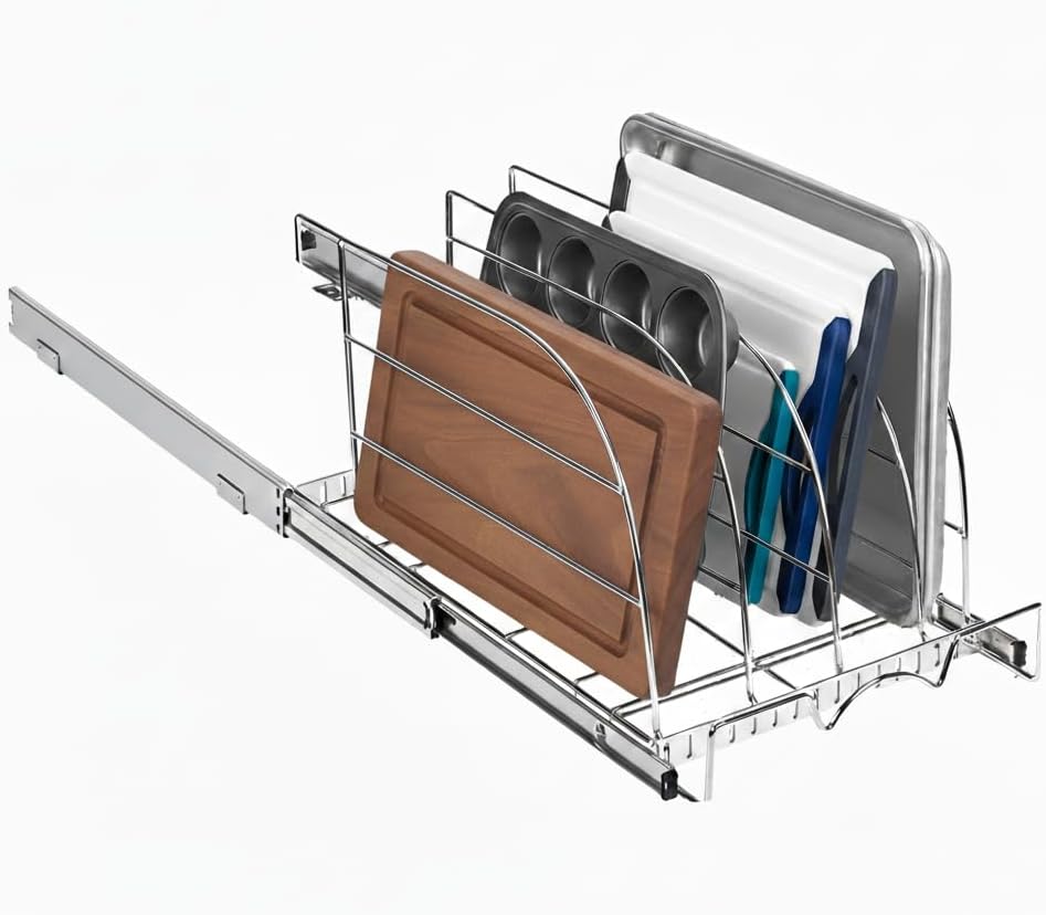 HOLDN’ STORAGE Pull Out Organizer for Bakeware, Cutting Board and Trays, Adjustable Dividers - Heavy Duty, Lifetime Limited Warranty - For Narrow Cabinet Spaces, 12.5”W x 21”D x 11”H, Chrome