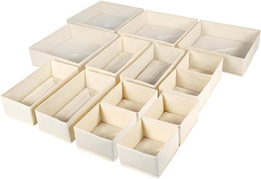 Drawer Organizer Clothes - 14 Pack Beige Dresser Organizer for Baby Clothes, Underwear, Socks, Foldable Closet Storage Divider Bins for Nursery, Bedroom, Dorm