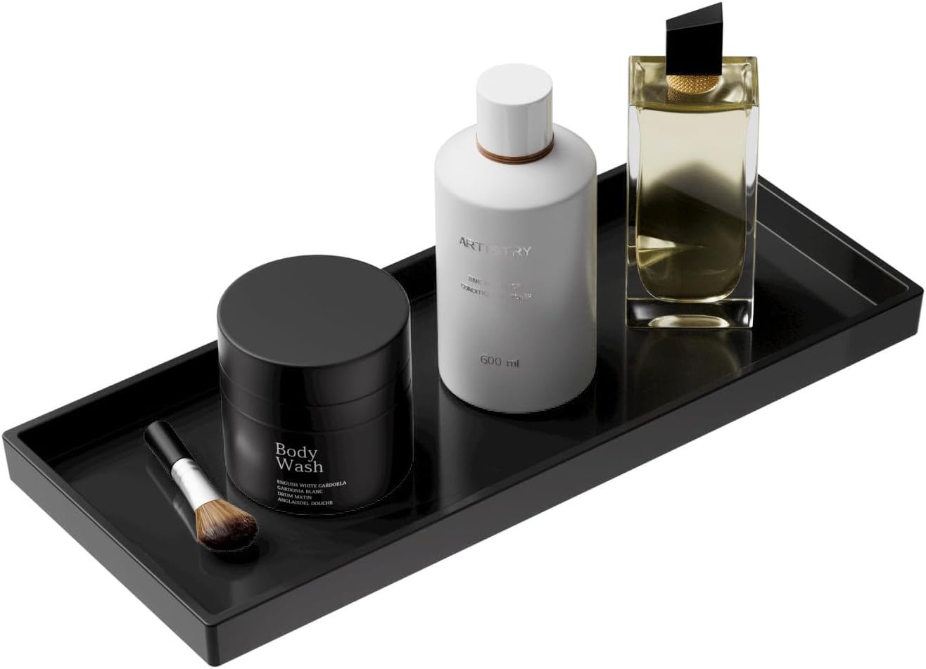 Vanity and Bathroom Tray, 11.8" ABS Countertop Organizer,Waterproof Vanity Tray for Toilet Tank,Perfume,Soap,Keys,Bathroom Accessories,Kitchen and Bath Trays,Non Slip Small Trays,Black