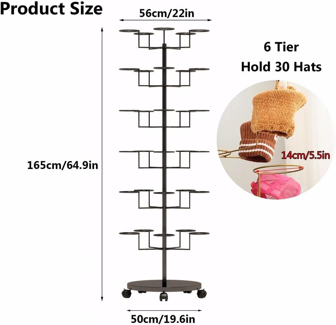 Hat Rack Stand 30-Hooks, Hat Display Stand Metal,Hat Display for Stores， Home or Store of Standing hat Rack(Black,6th Floor)