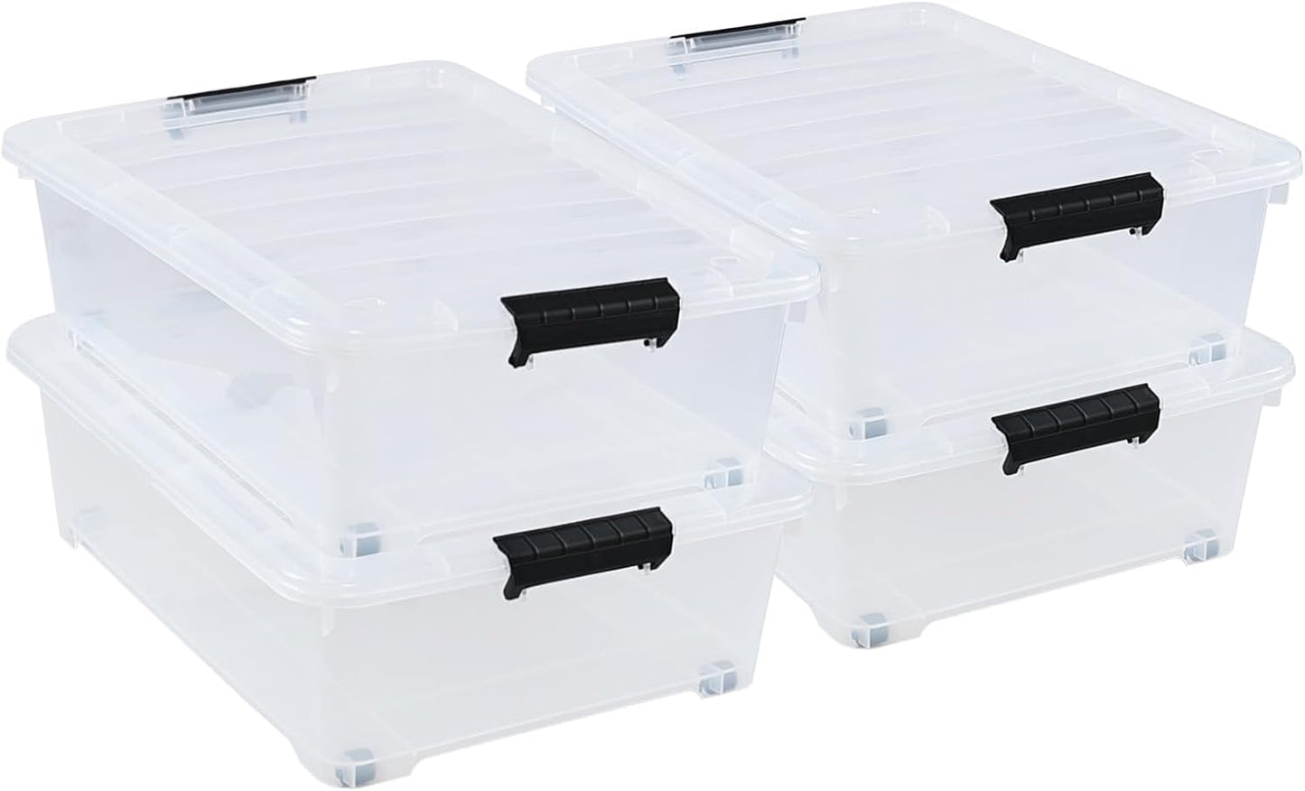 4-Pack 25 Quart Large Plastic Underbed Clothes Storage Containers Bins, Wheeled Latching Box with Lids for Closet Organizers Shoes Underbed, Clear