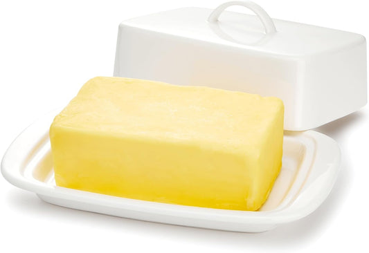 Sweese Large Butter Dish with Lid for Countertop, Porcelain 8oz Butter Keeper with Handle Cover Design, 7.7 Inch Butter Container Perfect for East/West Coast Butter, White