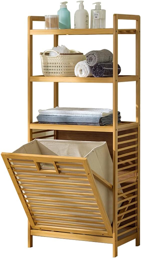 Bamboo Laundry Hamper with 3 Tier Shelves & Tilt Out Basket, Laundry Baskets Organizer Hampers Bathroom Storage Shelf for Laundry Room, Bathroom, Guest Room（3-Tier, Large）