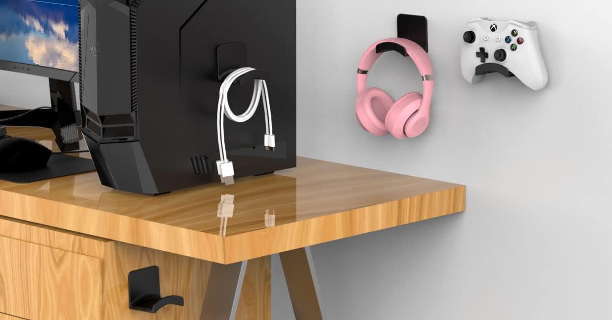 HomeMount Headphone Stand Headset Holder - Adhesive Gaming Headphone Hanger Hook Desk Mount for Most Headphone & Controller (Black)