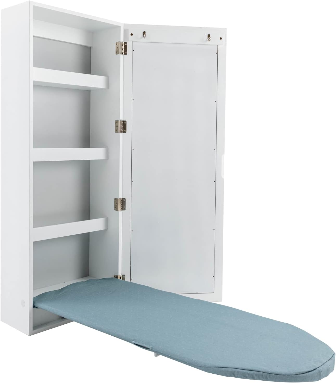 Wall Mounted Ironing Board Cabinet,Foldable Hanging Ironing Board with Mirror,Compact Mount Fold Down Iron Board for Small Spaces White