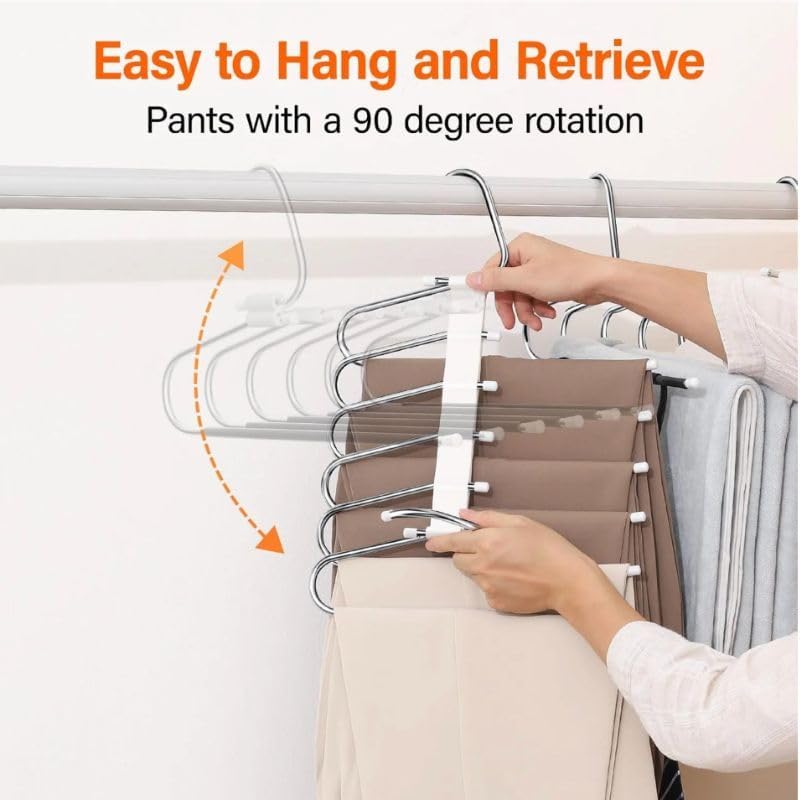 Space-Saving 6-Tier Metal Pants Hanger with Non-Slip Coating, Pack of 2, 12 Hooks Included, Stainless Steel Design, Can Reduce 80% of Clutter, for Holidays - White