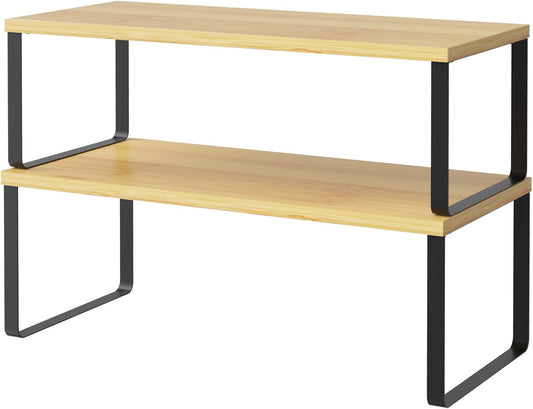 NEX Cabinet Shelf Organizer Set of 2, Kitchen Counter Shelves Spice Rack, Stackable, Expandable, Kitchen Pantry Cupboard Storage Organization, Black and Natural