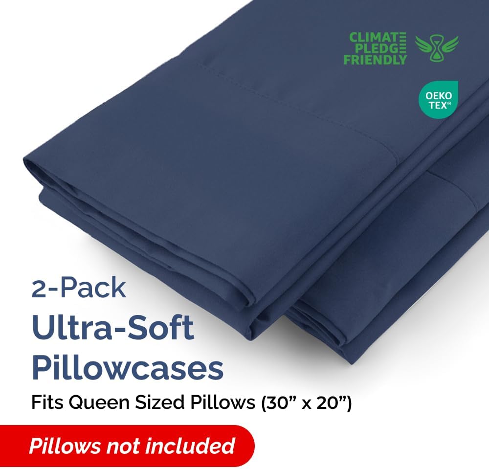 Queen Pillow Cases - 2 Pack - Super Soft Pillowcase Covers - Envelope Enclosure - Hotel Quality Pillow Protectors - Wrinkle Free, Shrink & Stain Resistant - Machine Washable - 20" x 30" (Navy Blue)