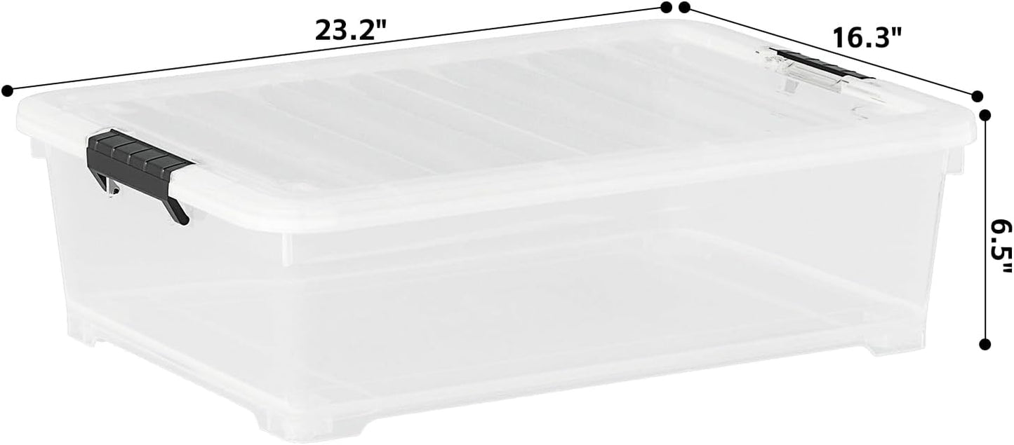 26 Quart Clear Underbed Storage Bin, Plastic Underbed Storage Box, Wheeled Underbed Storage Container with Lid, 4 Packs