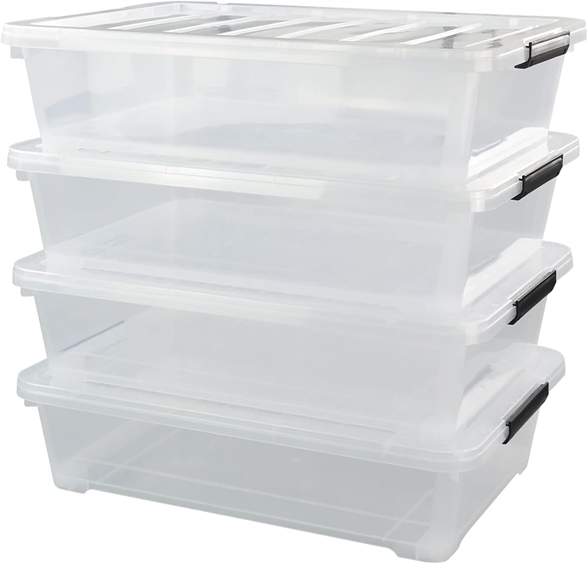 4-Pack 40 Quart Large Plastic Under Bed Storage Bin, Underbed Box With Wheels/Lids, Clear