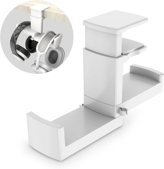 Dual Headphone Stand Holder - EURPMASK 2 in 1 PC Gaming Headset Hooks, 360 Degree Rotating Headphone Hanger with Adjustable Clamp & Cable Clip Organizer, Headset Mount Under Desk Earphone Clamp-White