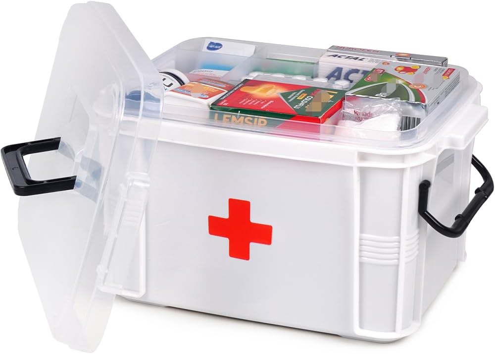 15qt White Medicine Organizer Storage Box with Tray, Plastic First Aid Box Empty, Thickened Medicine Container Chest, Multipurpose Medical Case with Labels, Medicine Caddy with Lids Handles