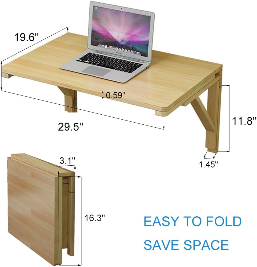 MM MELISEN Wood Folding Desk - Natural 29.5x19.6 Inch Wall Mount Fold-Down Table for Small Spaces. Perfect as a Kitchen prep spot, Craft Station, or Bedroom Desk. Easy Install, Sturdy, Folds Away