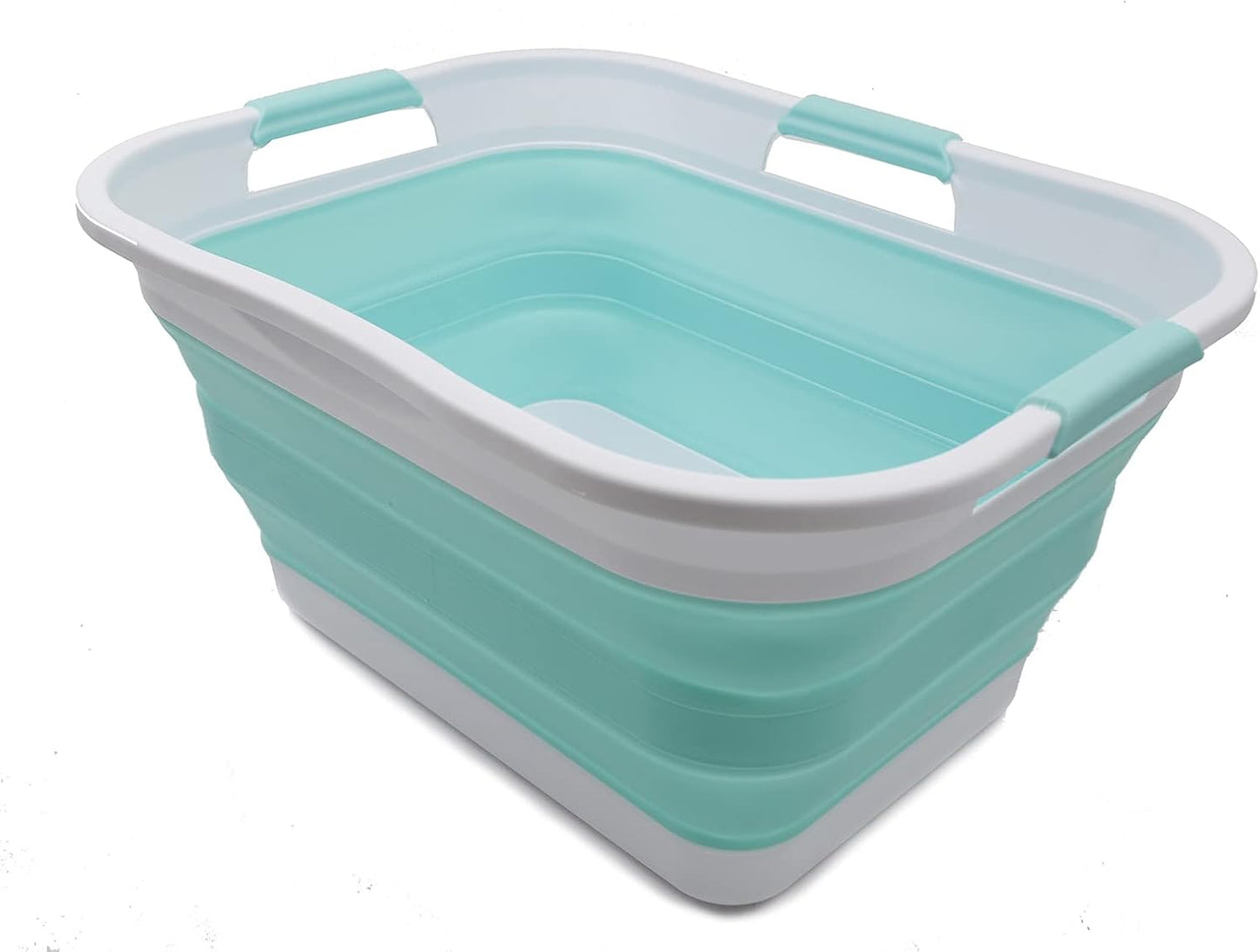 SAMMART 30L (8 gallon) Collapsible Plastic Laundry Basket - Foldable Pop Up Storage Container/Organizer - Portable Washing Tub - Water Capacity 24L(6.3 gallon) (1, White/Lake Green)