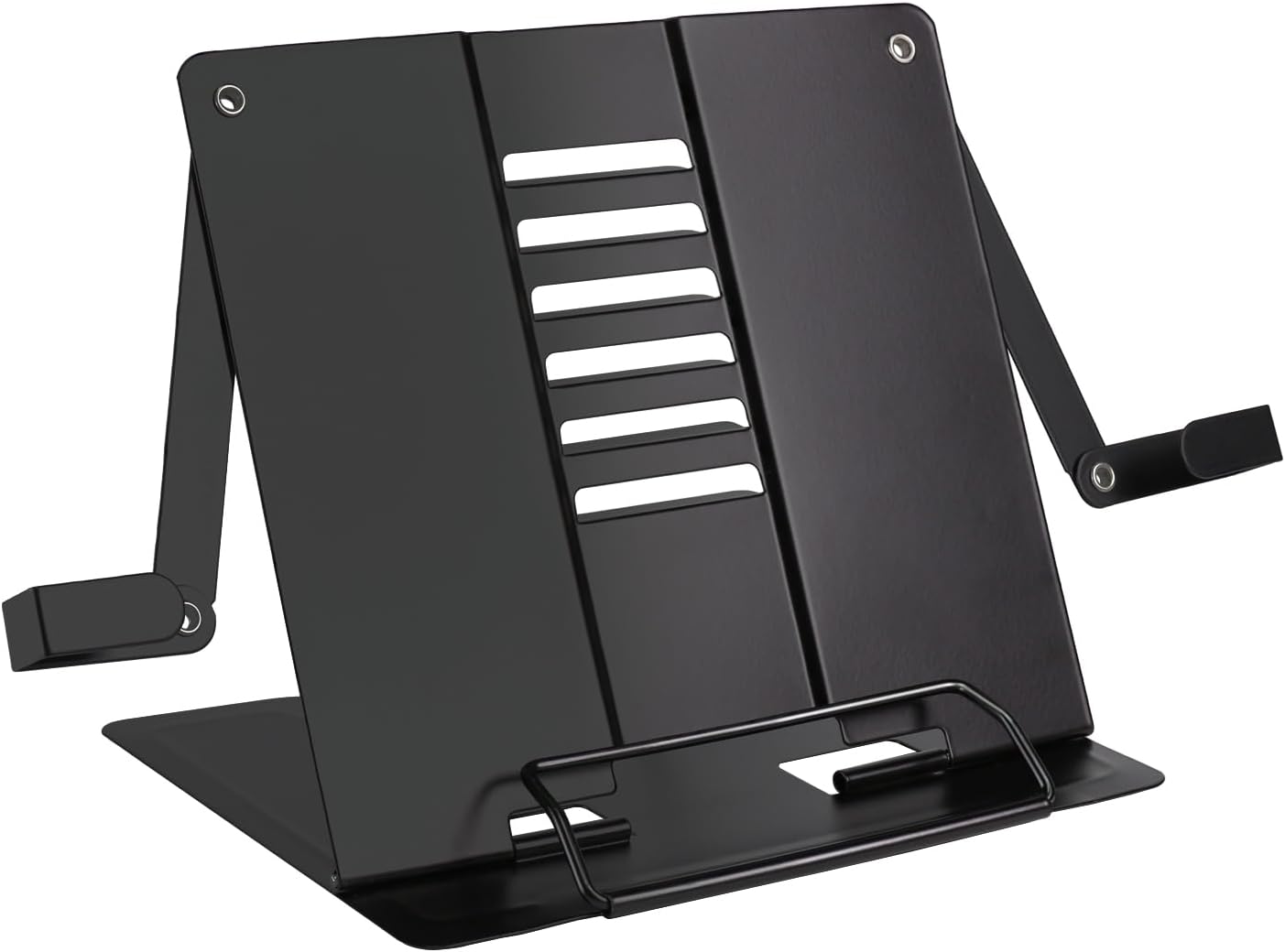 Metal Desk Book Stand for Reading with Adjustable Clips, Hands-Free Foldable Book Holder for Kids, Portable Document Stand for Desk, Display Stand for Recipes, Cookbooks, Tablets - Black