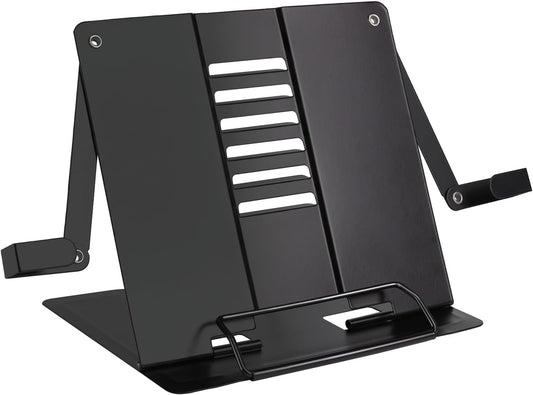 Metal Desk Book Stand for Reading with Adjustable Clips, Hands-Free Foldable Book Holder for Kids, Portable Document Stand for Desk, Display Stand for Recipes, Cookbooks, Tablets - Black
