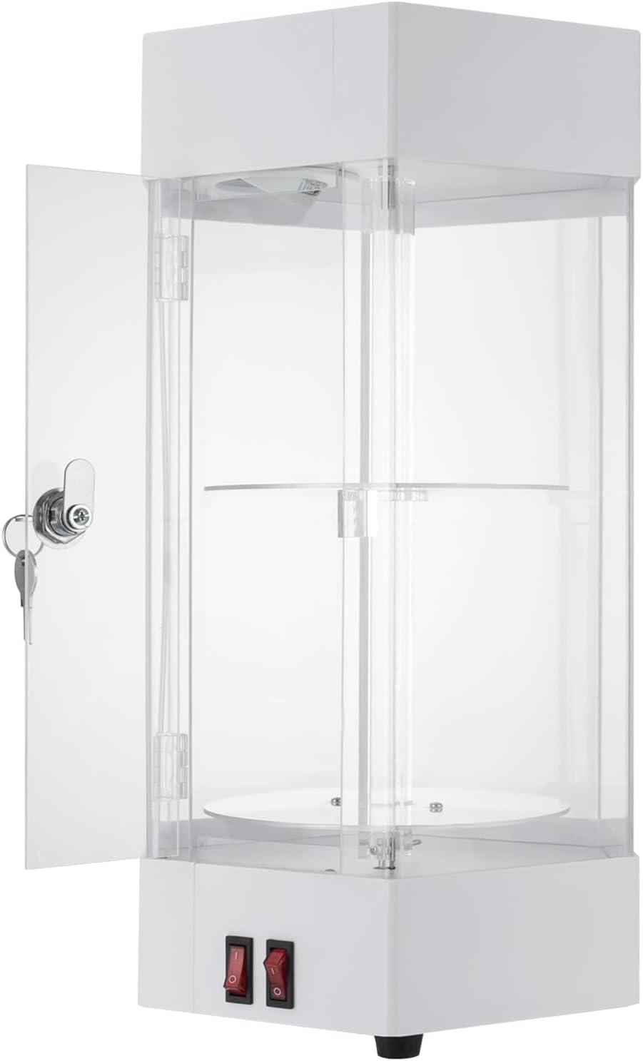 2-Tier Electric Rotating Jewelry Display Case with LED Lights - Acrylic Hexagonal Showcase with Lockable Door - for Watches, Cosmetics & Collectibles