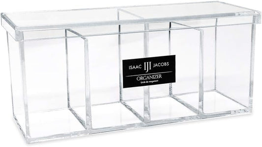 Isaac Jacobs 4-Compartment Clear Acrylic Organizer with Lid (9” L x 3” W x 4” H), Makeup Brush Holder, Sectional Tray, Storage Solution for Makeup, Crafts, Office Supplies & More (1, Clear)