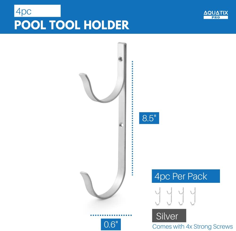 Aquatix Pro Pool Pole Hanger Premium 4pc Aluminium Holder Set, Ideal Hooks for Telescopic Poles, Skimmers, Leaf Rakes, Nets, Brushes, Vacuum Hose, Garden Tools and Swimming Pool Accessories