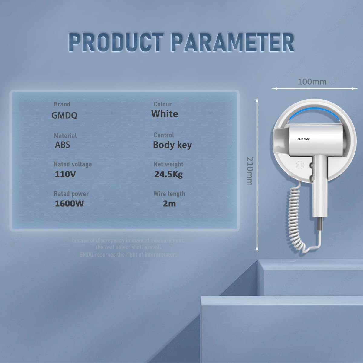Hotel Wall Mount Hair Dryer for Bathroom with Night Light, 110V, Quiet, Overheat Protection, Negative Ion Technology