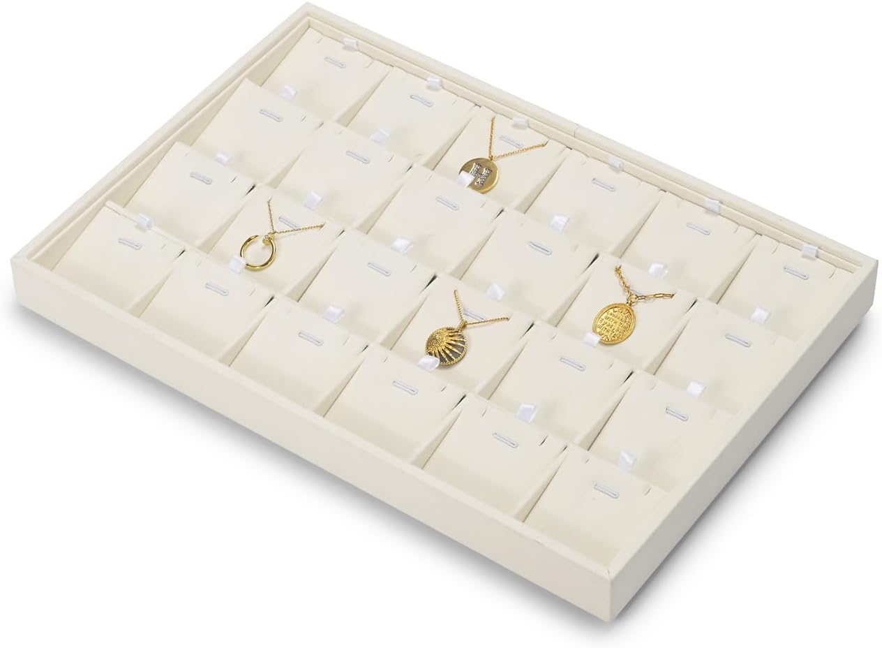 Beige Jewelry Necklace Display Tray 24 Grids Pendant Earrings Necklace Organizer Display Showcase Microfiber Jewelry Storage Tray