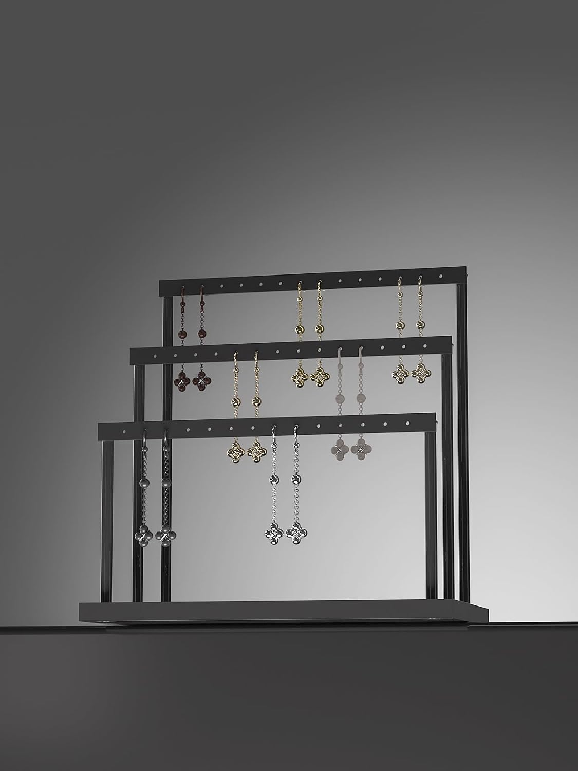 3-Tier Earring Organizer Holder Stand, Metal Jewelry Stand with Tray for Earring Display, 42 Holes Metal Earring Storage Tower Rack for Women Girls Home Use (Black)
