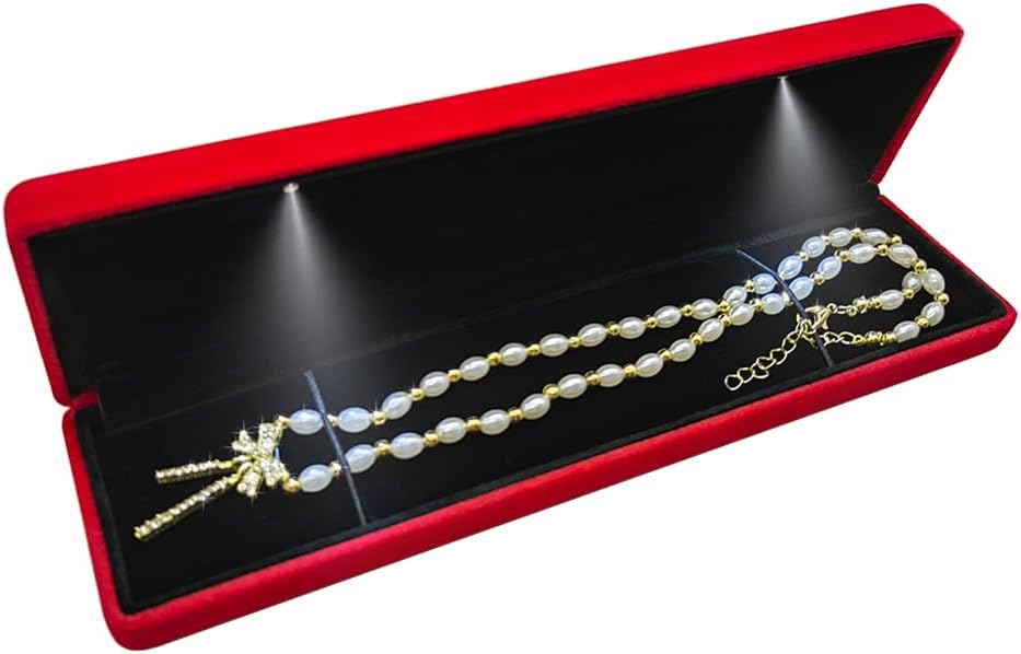 GBYAN Velvet Chain Necklace Box with LED Light, Long Bracelet Storage Case, Jewelry Display Gift Box for Engagement, Anniversary,Wedding and Birthday,Red