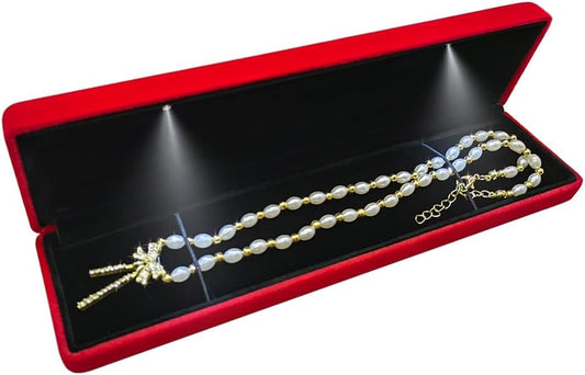 GBYAN Velvet Chain Necklace Box with LED Light, Long Bracelet Storage Case, Jewelry Display Gift Box for Engagement, Anniversary,Wedding and Birthday,Red