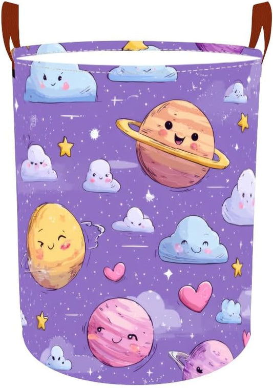 Laundry Baskets 15.7x19.7 Inch Large Cartoon Planets Clouds Design Collapsible Laundry Hamper with Handles Oxford Fabric Clothes Storage Bin Foldable Dirty Clothes Organizer for Bedroom Bathroom Dorm