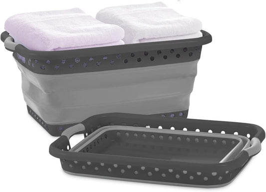 Pop & Load Collapse & Store 1 Large 25" Slim Collapsible Plastic Laundry Basket, Space Saving Portable Pop Up Storage & Organization Basket, 3" High When Folded, Dual Comfort Grip Handles, Black