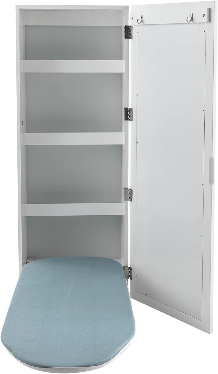 Space-Saving Wall Mounted Ironing Cabinet with Mirror – Rotating Ironing Board, 4 Shelves & 2 Hooks for Clothes Storage & Dressing, Ideal for Small Spaces, Apartments & RVs