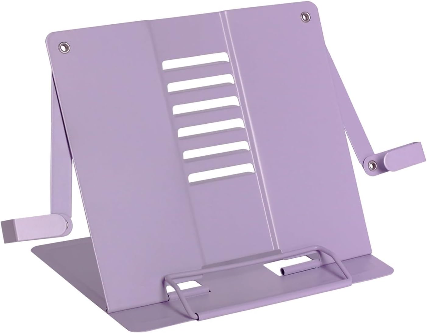 Metal Desk Book Stand for Reading with Adjustable Clips, Hands-Free Foldable Book Holder for Kids, Portable Document Stand for Desk, Display Stand for Recipes, Cookbooks, Tablets - Purple