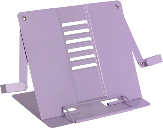 Metal Desk Book Stand for Reading with Adjustable Clips, Hands-Free Foldable Book Holder for Kids, Portable Document Stand for Desk, Display Stand for Recipes, Cookbooks, Tablets - Purple