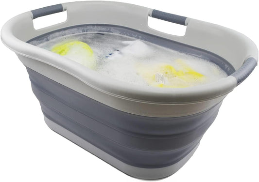 SAMMART 40L (10.5 gallons) Collapsible Plastic Laundry Washing Tub - Foldable Pop Up Laundry Basket/Hamper - Portable Washing Tub - Pop Up Saving (Grey/Dark Grey)