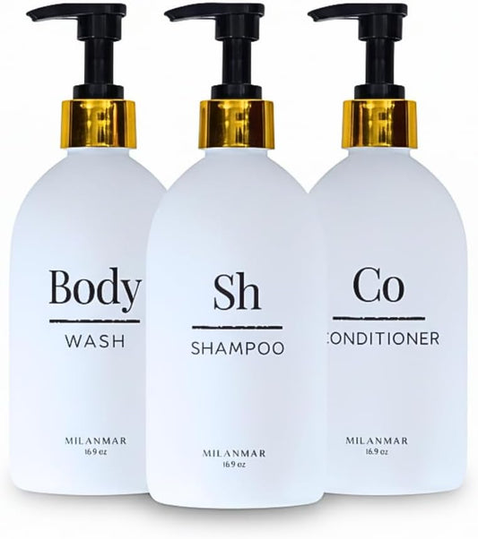 Shampoo Conditioner Body Wash Dispenser Set - Refillable Matte Plastic Cylindrical Bottles, 16.9 oz Pump Containers, Minimalist Bathroom Organization, Pack of 3, [White-Gold]