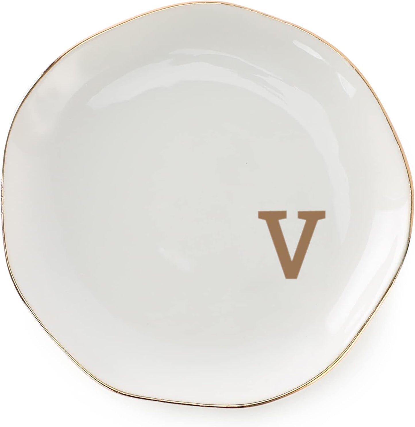 Initials Ring Dish Jewery Tray with Personalized V-Monogrammed Gifts Wedding Engagement for Women Friends Sister,Ceramic White