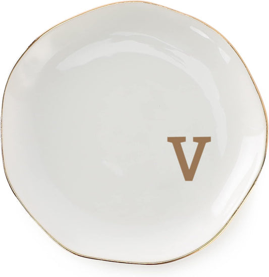 Initials Ring Dish Jewery Tray with Personalized V-Monogrammed Gifts Wedding Engagement for Women Friends Sister,Ceramic White