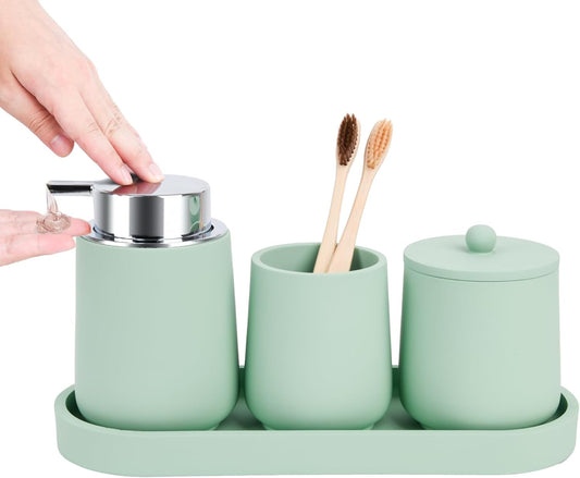 Green Bathroom Accessories Set - 4 Pcs Bathroom Accessory Set with Toothbrush Holder,Lotion Soap Dispenser,Qtip Holder Dispensr & Vanity Tray,Bathroom Countertop Vanity Oganizer - Green