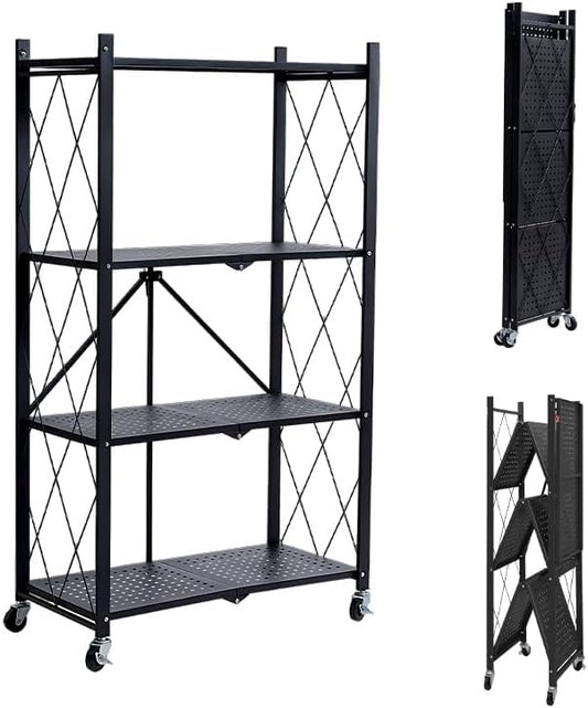 Foldable 4-Tier Metal Storage Shelf with Locking Wheels, Pre-Assembled Rolling Rack for Easy Setup, Space-Saving Organizer for Kitchen, Pantry, and Closet, 28.54" L x 14.17" W x 46.06" H