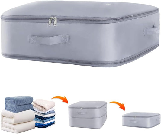 Space saver bag,for quilts, duvets or other fluffy clothing.Measures 21"L x 16.5"W x 11.2"H when unfolded and 21"L x 16.5"W x 4.8"H when compressed.Light Gray