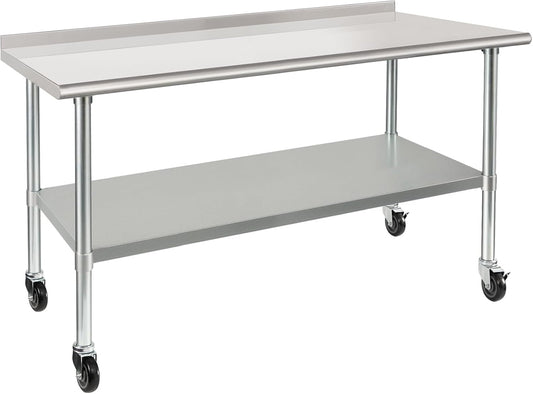 HARDURA Stainless Steel Table 30 x 60 Inches with Wheels Casters NSF Heavy Duty Commercial Prep Table with 2” Backsplash and Adjustable Undershelf for Restaurant Kitchen Home and Hotel