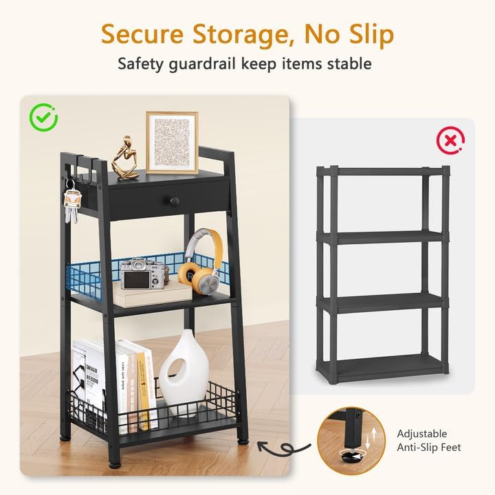 3-Tier Bathroom Ladder Shelf with Drawer, Freestanding Tower Shelf Ladder Bookshelf for Living Room, Bedroom -Black