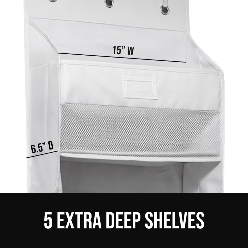 GORILLA GRIP Large Capacity Closet Organizer, 5 Deep Shelves, Holds 50lbs, Over the Door Organizers 6 Mesh Pockets, Shelf Storage for Clothes Crafts Dorm Essentials, 3 Metal Hooks, 58x15 Inches, White