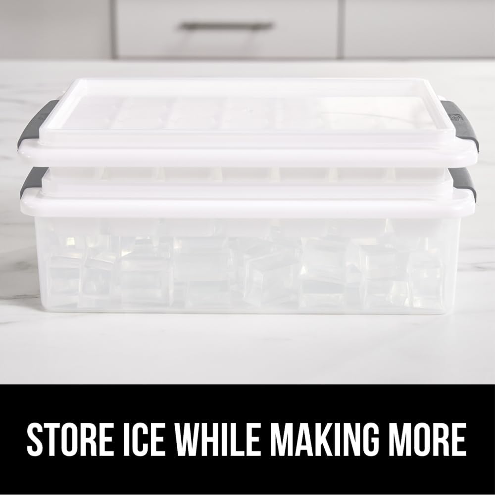 GORILLA GRIP BPA-Free Easy Release Ice Cube Tray for Freezer, Make Lots of Ice, 56 Cubes Total, Kit Includes 2 Stackable Leakproof Trays with Lid and Soft Handle Grips, Scooper, Bin, For Coffee, Gray