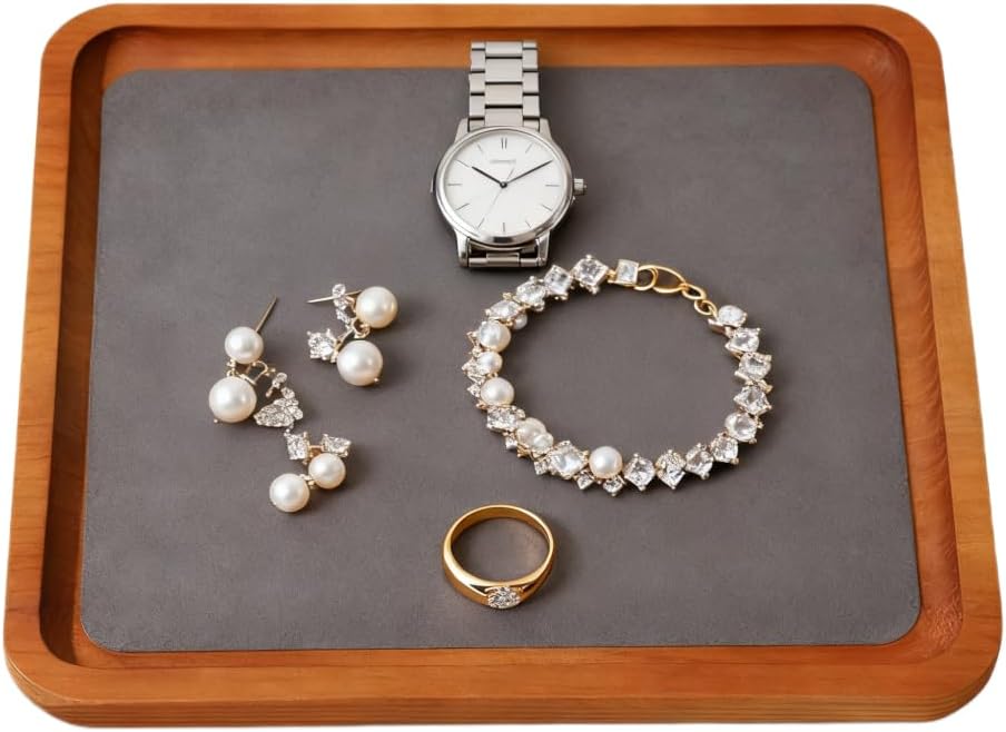 Wooden Jewelry Display Tray Rounded Rectangle Ring Showcase Stackable Elegant Bracelet Watch Jewelry Organizer for Personal Use and Commerce (Gray, Large-W 7'' x H 0.6'' x L 7.9'')