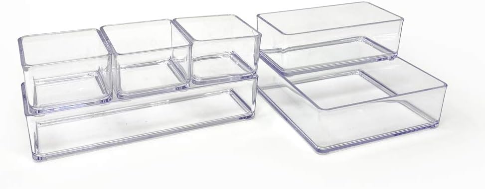Isaac Jacobs 6-Tray Clear Acrylic Organizer Set, (Six Individual Trays), Multi-Purpose, Stackable Storage Solution for Makeup, Crafts, Desk, School, Office Supplies & More, for Bathroom, Kitchen