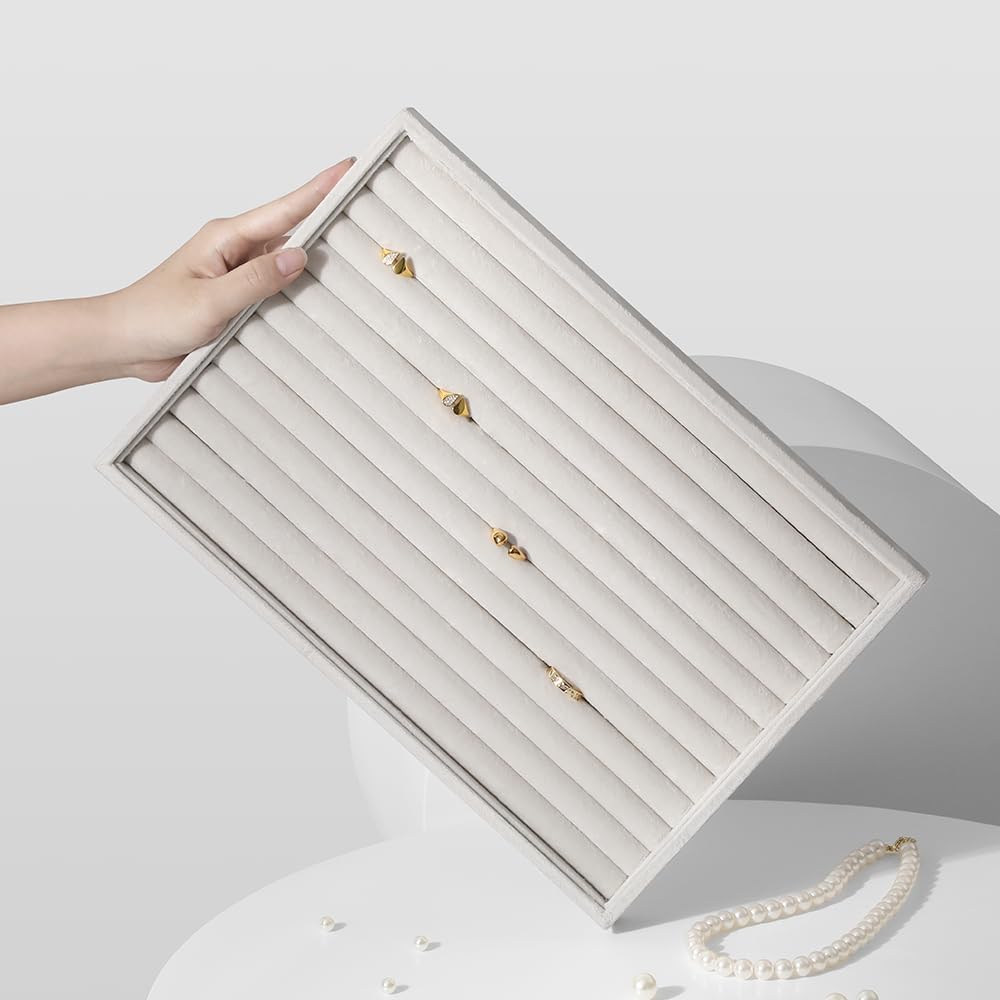 Velvet Ring Display Tray, Stackable Muilt Slot Rings Ear Stud Storage Tray, Drawer Insert Jewelry Accessories Organizers Plate (White)