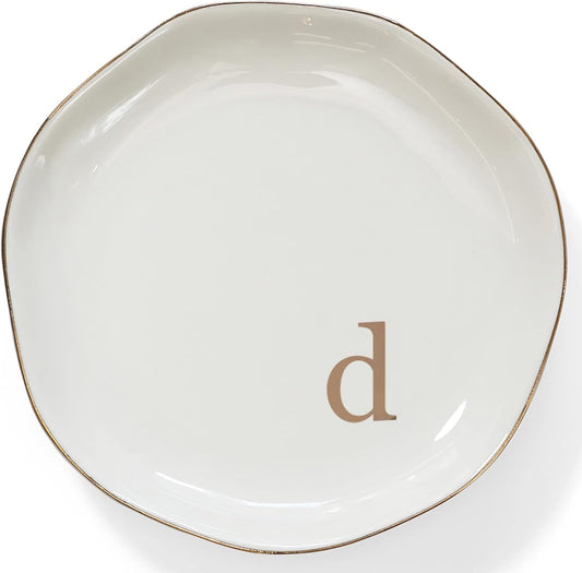 HOME SMILE Initials Ring Dish Jewery Tray with Personalized D-Monogrammed Engagement Wedding Gifts for Friends,Sister,Birthday Christmas Gifts for Women,Ceramic White